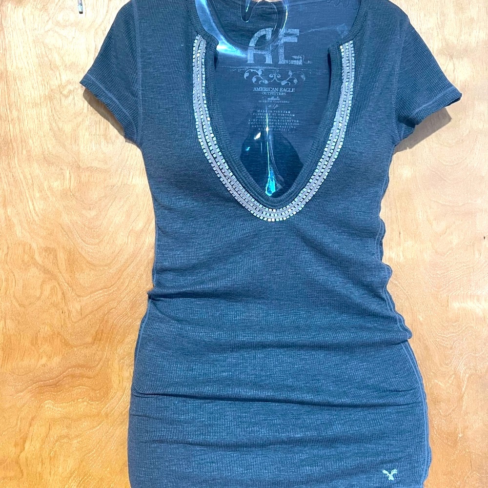 American Eagle Outfitters Women’s Charcoal Embellished Tee Sz.S